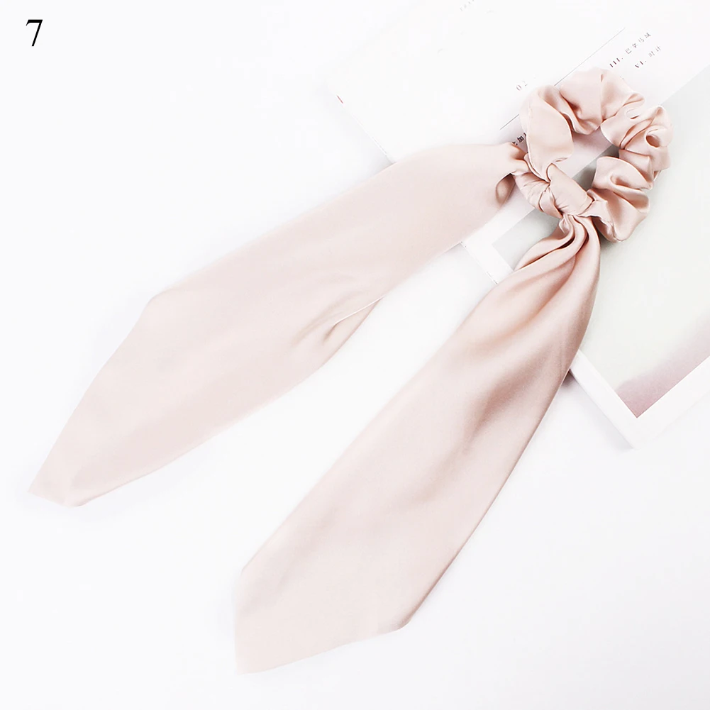 hair band for ladies DIY Solid/Floral Print Bow Satin Long Ribbon Ponytail Scarf Hair Tie Scrunchies Women Girls Elastic Hair Bands Hair Accessories black head scarf