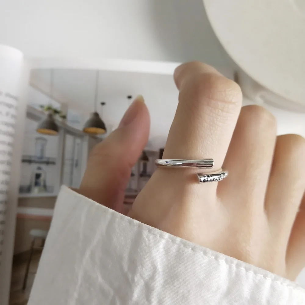 

minimalist Authentic S925 Sterling Silver FINE Jewelry Letters engraved Personality open ring adjust Adjust J467