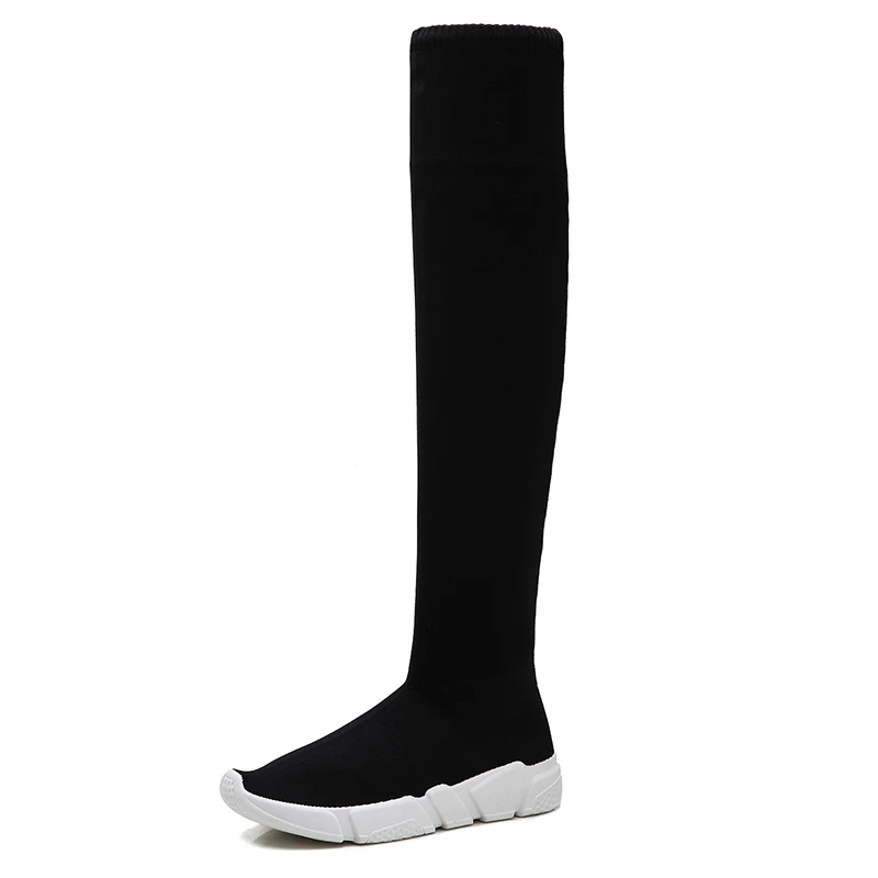 

Over The Knee Women Sock Boots Platform Shoes 2019 Slip Stretch Fabric Flats Low Heel Elastic Thigh Black Fashion Socks Woman