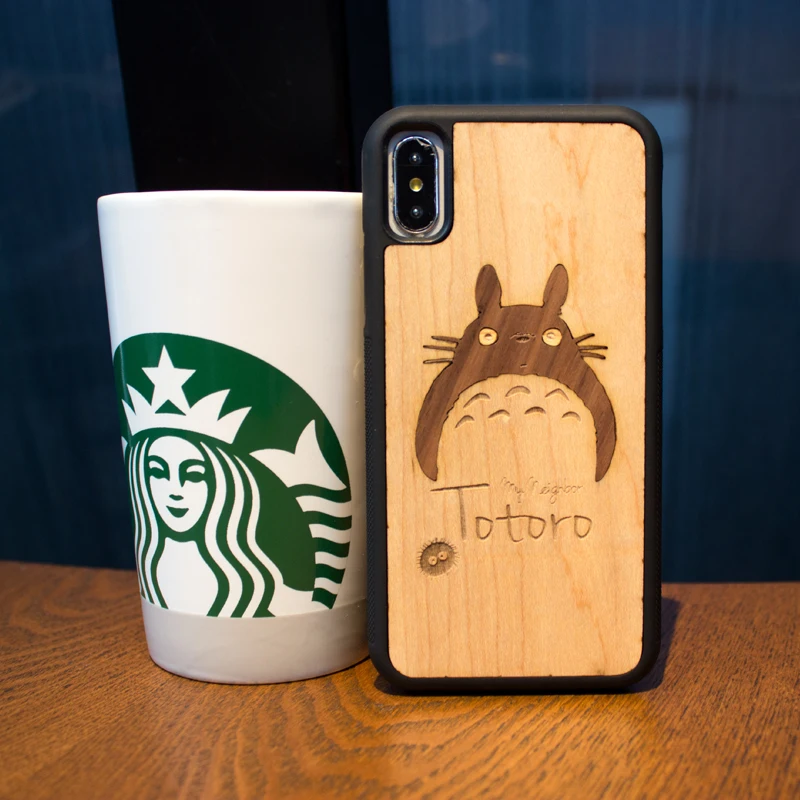 

My Neighbor Totoro Anime real wood retro style Phone Case For Iphone 6 S 7 8 PLus X S carving Wood Cover business wood shell