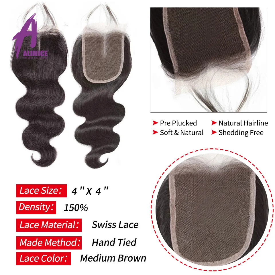 Alimice Indian Body Wave Lace Closure 4x4 Human Hair Closure 8-24 Inch Natural Color Hair Closure FreeMiddleThreeSide Part (9)