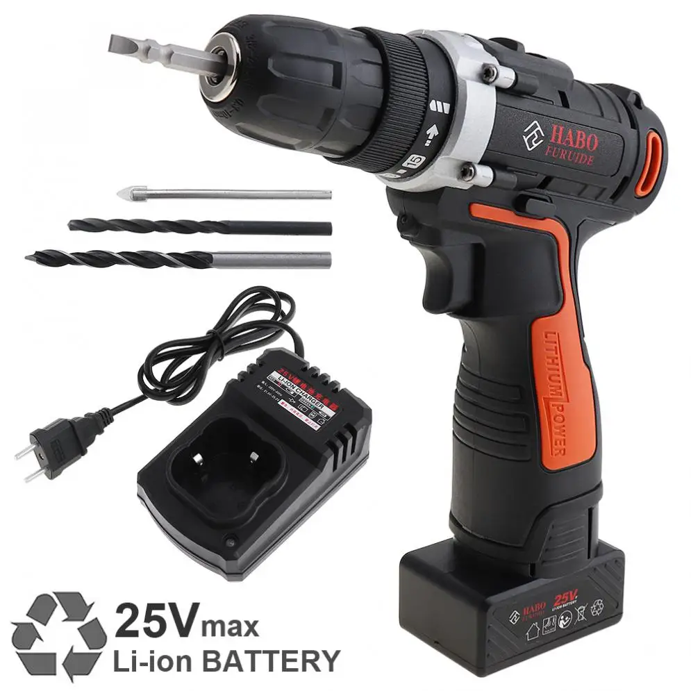 

AC 220V Cordless 25V Two-speed Adjustment Button Electric Drill / Screwdriver for Handling Screws / Punching