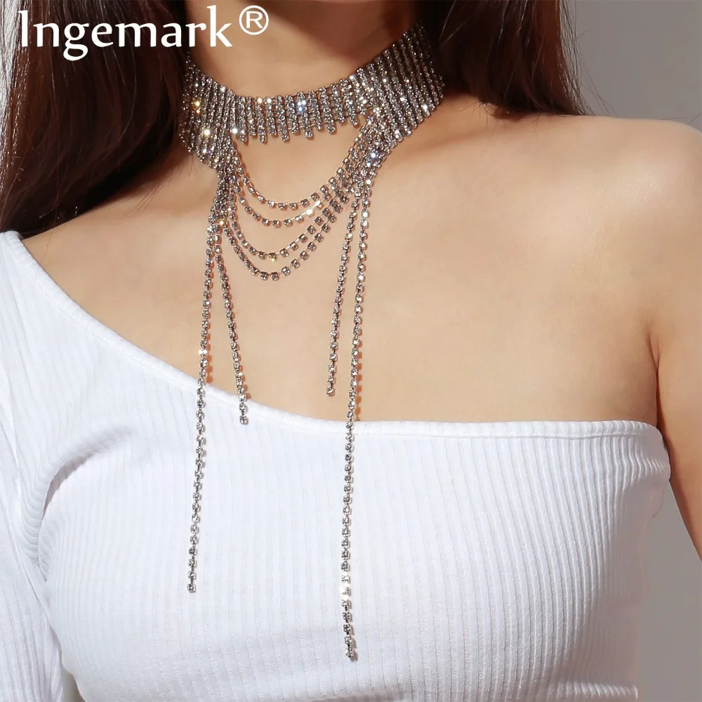 Многослойное роскошное сексуальное блестящее СТРАЗА на длинной цепочке ожерелье для женщин ночной клуб вечерние украшения на шею массивные украшения