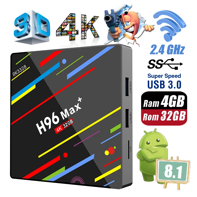 

H96 Max + Plus RK3328 4GB Ram 32GB Rom Android 8.1 USB 3.0 Smart TV Box 2.4GHz WiFi Set Top Boxes 3D 4K HD H.265 Media Player