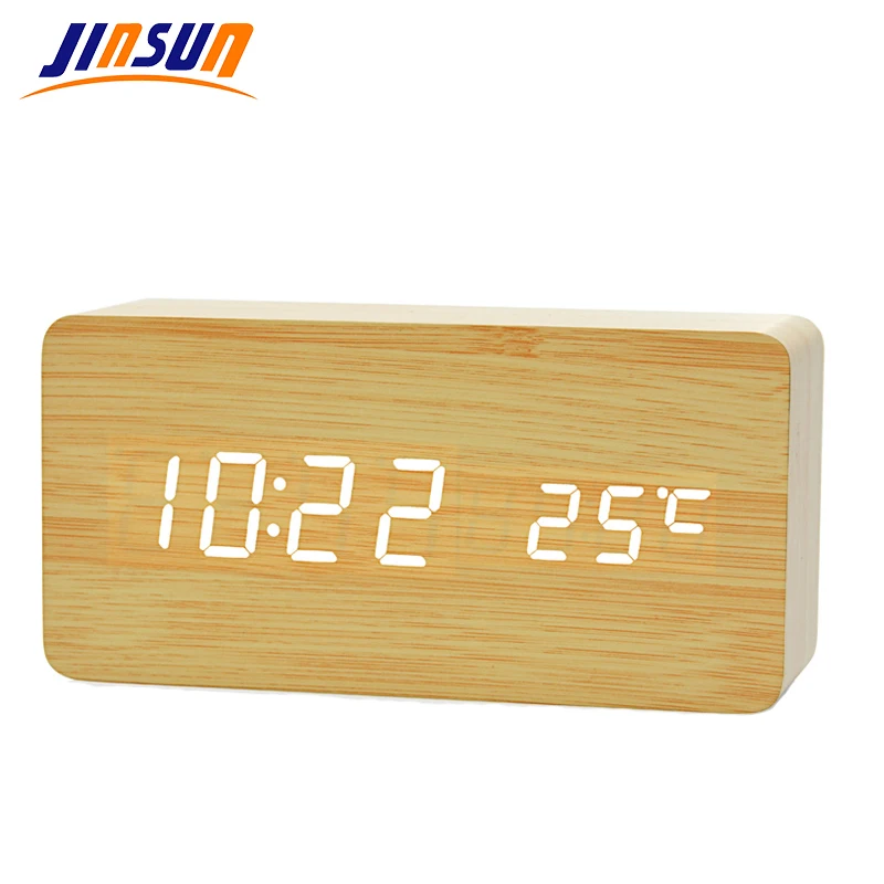 JINSUN Modern sensor Wood Clock Dual led display Bamboo Clock digital alarm clock Led Show Temp Time Voice Control Wekker KSW104