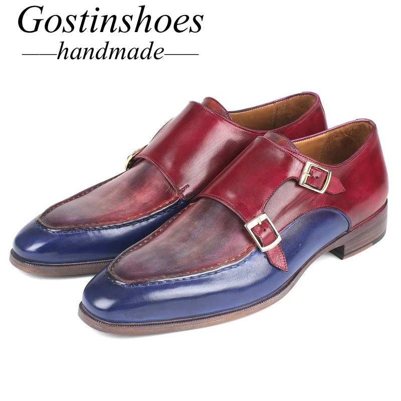

GOSTINSHOES HANDMADE Goodyear Welted Derby Dress Shoes Blue Red Dual Buckle Strap Pointed Toe Slip-On SCT05
