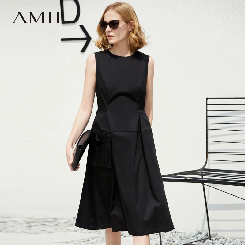 

Amii Women Minimalist Summer Dress 2018 Solid A Line O Neck Sleeveless Pocket Female Dresses