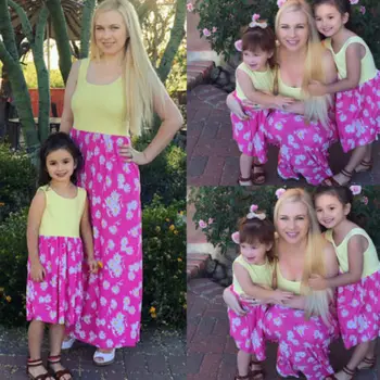 

2018 US Mommy and Me Floral Print Sleeveless Long Dress Beach Party Family Matching Maxi Sundress S-2XL
