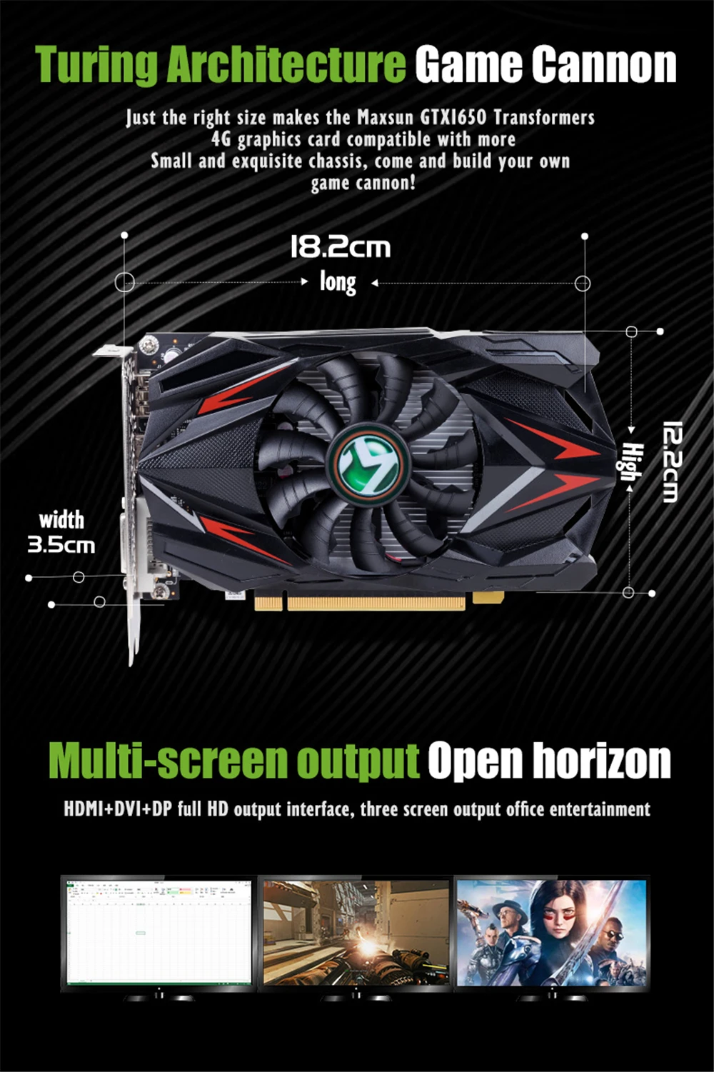 MAXSUN Geforce GTX 1650 4GB GDDR6 128-Bit Video Gaming Graphics Card Dual Fan HDMI/DP/DVI HDCP DirectX 12 Metal Backplate 