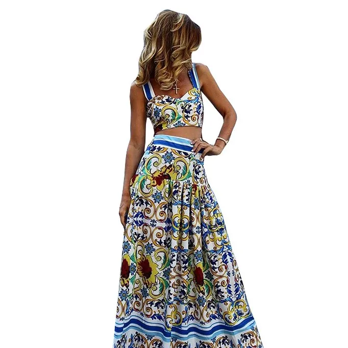 

Fashion 2019 New Sexy Two Piece Set Women Beach Straps Top Maxi Skirt Pattern Floral Print Suits Bohemian Set Skirt Overall