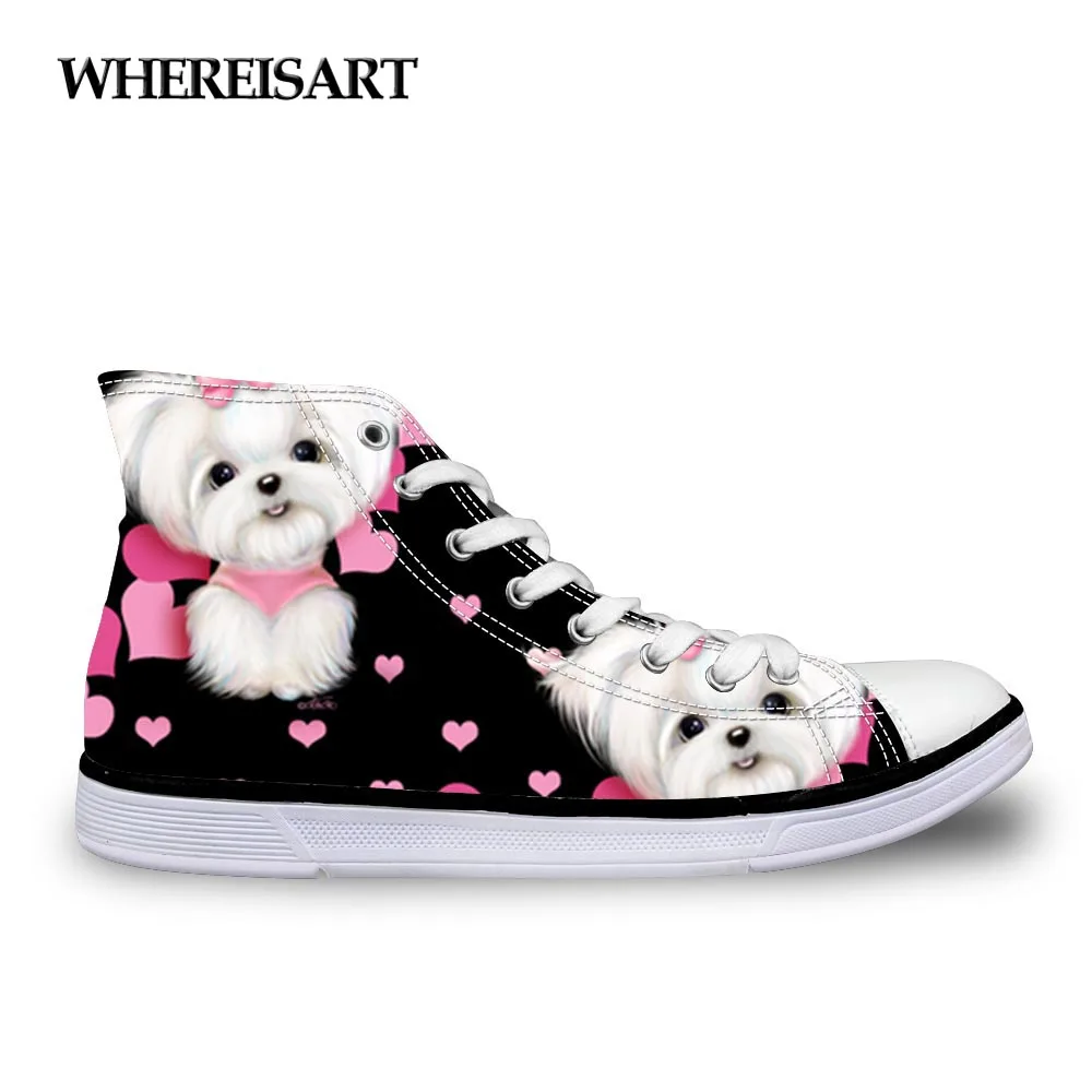 

WHEREISART Maltese Floral Printing Women Vulcanized Shoes Sneakers Ladies Lace-up Casual Shoes Breathable Walking Canvas Shoes