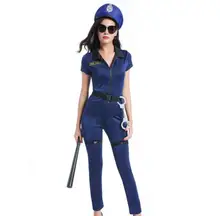 1 Set Sexy Blue Police Costumes Adult Women Halloween Cosplay Cop Police Jumpsuits Uniform Hat Handcuffs black police hat cosplay police accessories military hat uniform cap police uniform hat halloween party supplies