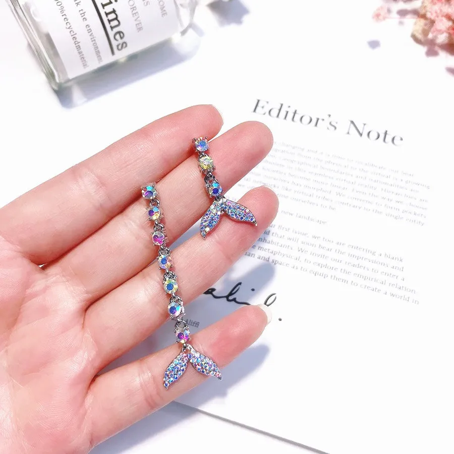 

Korean 925 Asymmetric AB Drill Fishtail Earrings Temperament Mermaid Ji Women Fashion Jewelry Accessories