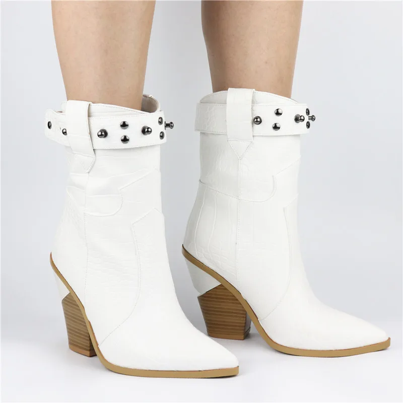 

ASUMER 2019 High quality PU Leather Boots Women Rivet Belt Strange High Heel Boots Fashion Winter Western Boots Plus Size 34-46