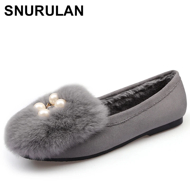 

SNURULANLadies Flats Rabbit Hair Furry Flats Womens Loafers Warm Soft Bottomed Moccasins Winter Shoes Fur Espadrilles E188