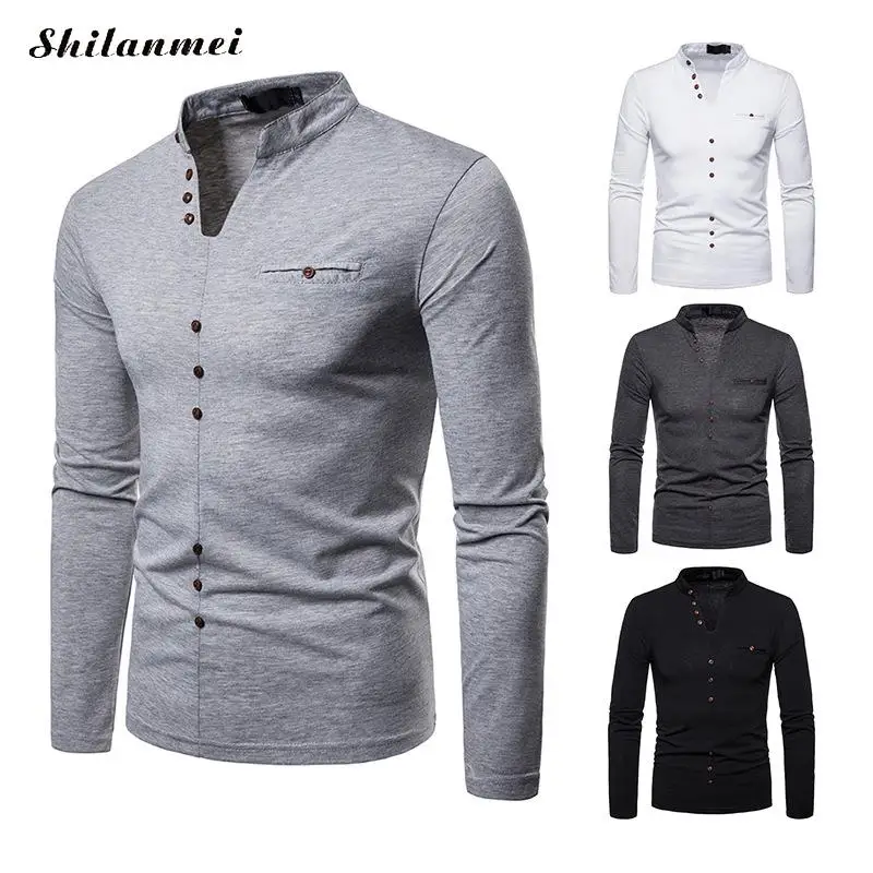 

2018 New Casual T Shirt Men Solid Black White V Neck Button Tops Fashion Long Sleeve Slim Fit Tee Shirts Vintage Streetwear Tops