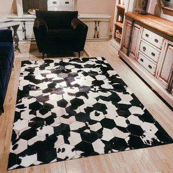 

Black and white luxury cowhide seamed carpet, natural cow skin fur carpet for living room decoration office carpet