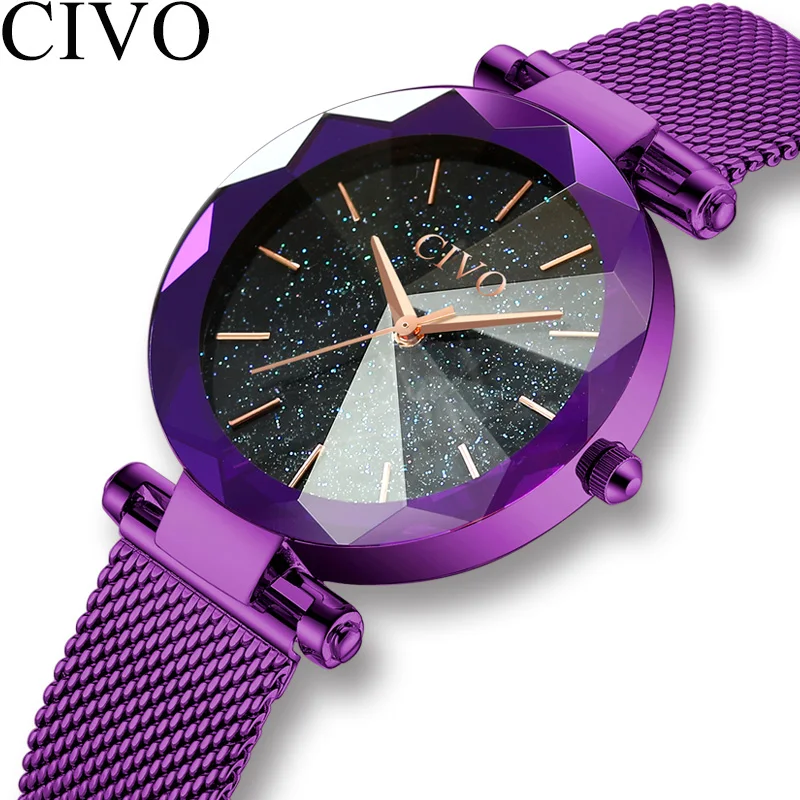 

CIVO Crystal Quartz Watches Purple Waterproof Top Brand Steel Mesh Strap Watch Women Wristwatch Small Round Belt Womens Clock