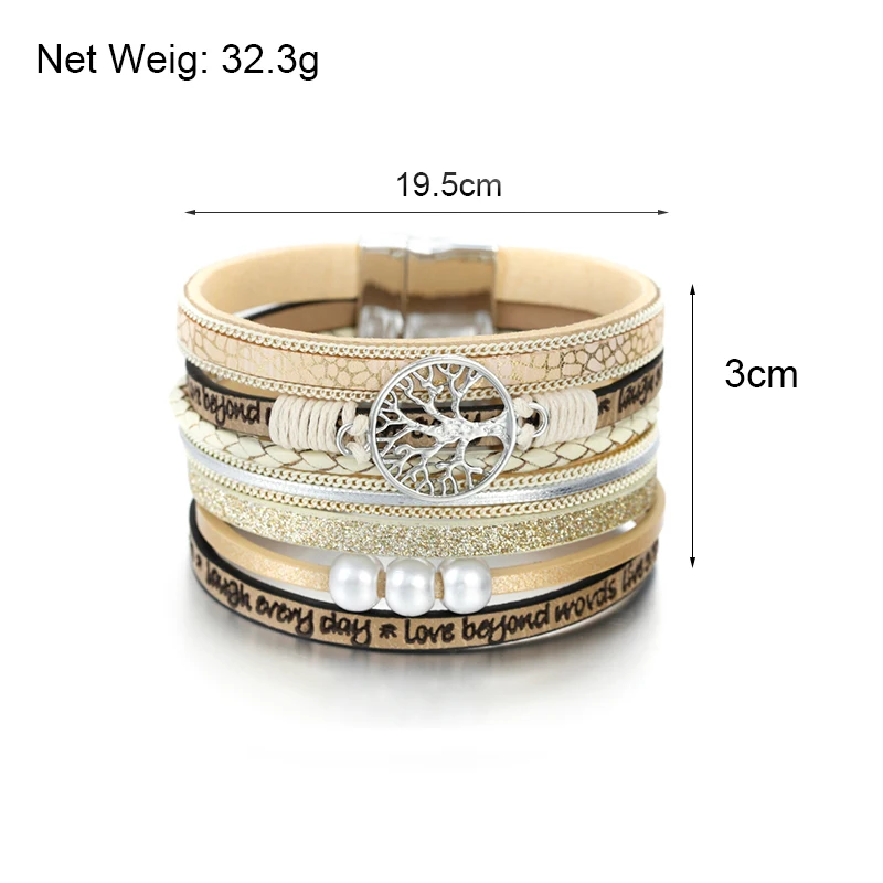 Pearl leather bracelet ALLYES tree of life charm for women men fashion bohemian multilayer wide wrap