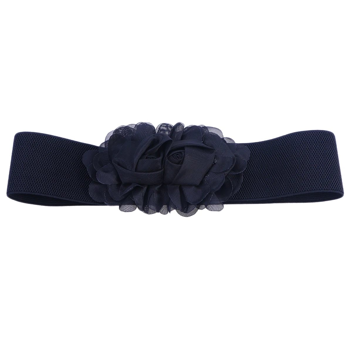 

Women Belt Double Rose Flower Buckle Elastic Waist Belt Lady Waistband Adult Solid Slim Elastic Waistband (Black)