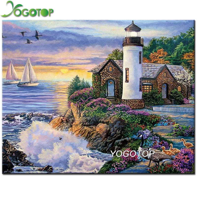 

YOGOTOP Needlework Diy Diamond Painting Cross Stitch Seaside lighthouse Full Diamond Embroidery Patchwork Mosaic Kit VD565