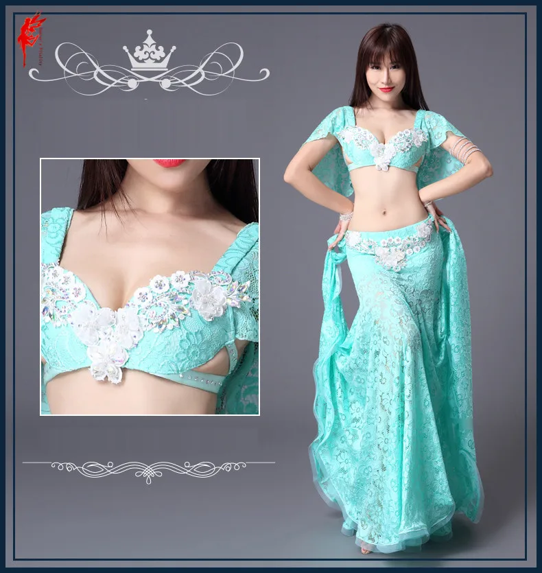 

Performance belly dance costumes for girls Rhinestones top+lace long skirt 2pcs women belly dance set on the stage