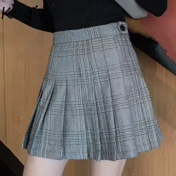 Harajuku Шотландка серый Для женщин модная плиссированная юбка боковой кнопки клетчатые юбки Для женщин s Винтаж короткая юбка повседневные