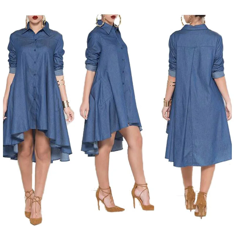 2018 Loose A Line Denim Dresses For Women Elegant Casual Short Front