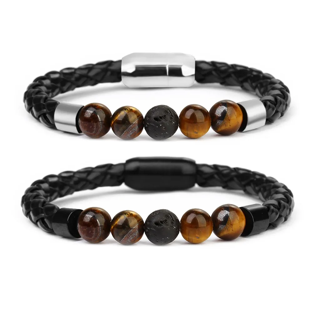 

lacoogh New 8mm Black Tiger Eye Bead Charms Bracelets for Men Women Stainless Steel Clasp Leather Bracelet Bangles Party Jewelry