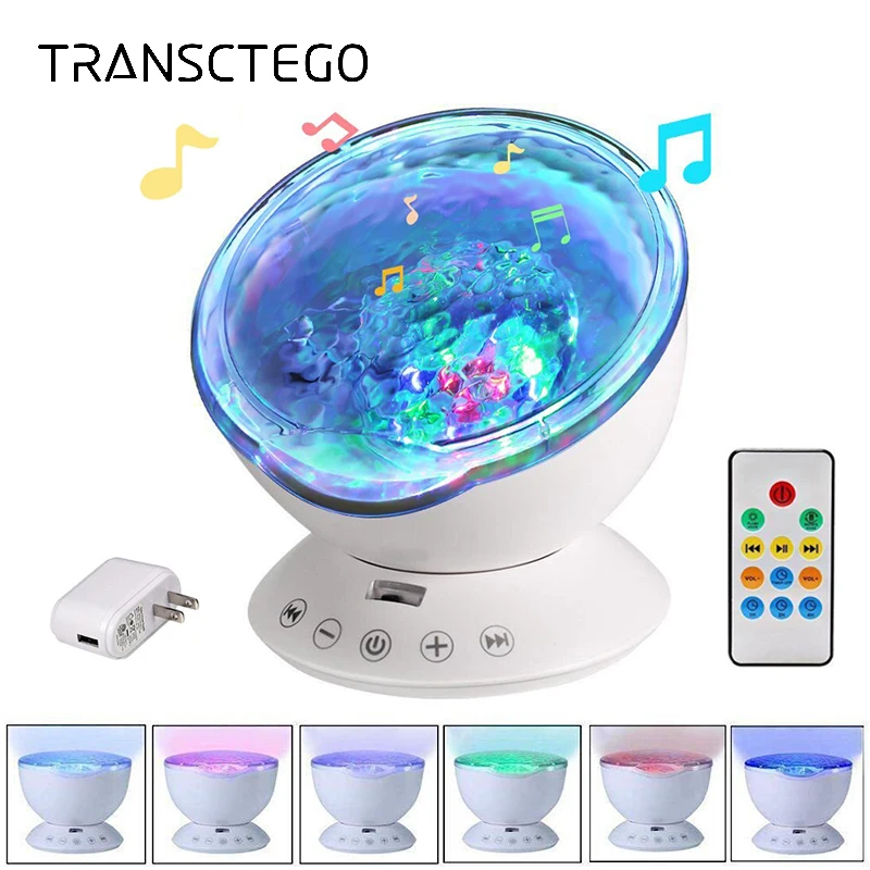 

Led Night Light Projector Lamp Battery Powered Remote Control Ocean Wave Projector 12 LED &7 Colors Music Player Bedroom Lights