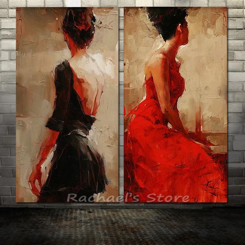 

Hand Painted Modern Sexy Woman in red black dress Oil Painting On Canvas Modern Figure Sexy Girl Wall Picture Living Room Decor
