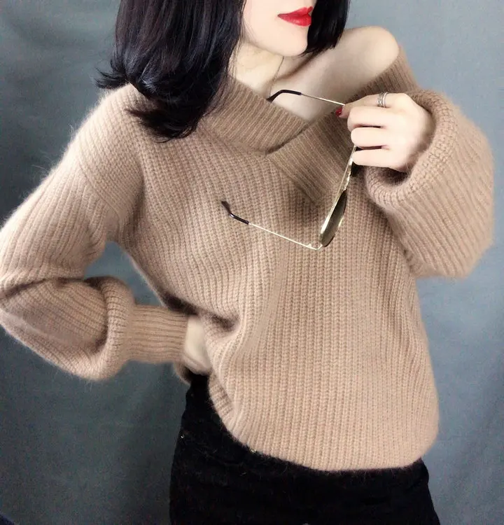 Heyezui модный свитер женский осенний корейский стиль с рукавом-фонариком свободные утолщенные глубокий v-образный Вырез Вязание