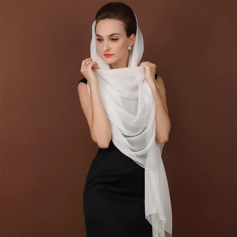 

100% Real Silk Muslim Hijab Long Scarf Cappa Beach Sunscreen Plus Size 195CM Wrap Soft Scarves Tippet Women White Cape Shawl
