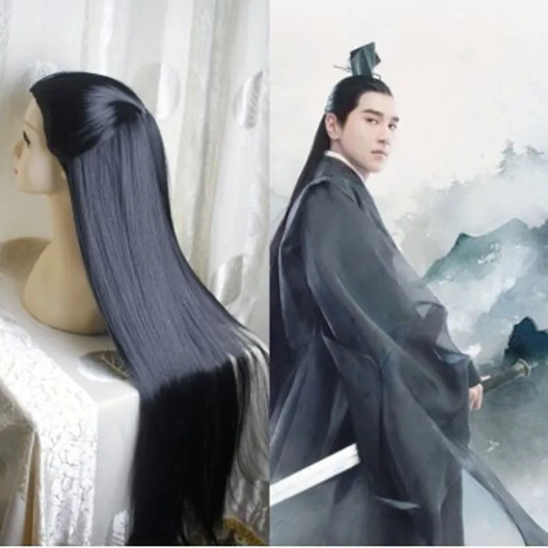 80 см древний китайский стиль волосы Древний китайский мужской длинный черный воин Косплей волосы длинные прямые волосы для мужчин меч Косплей