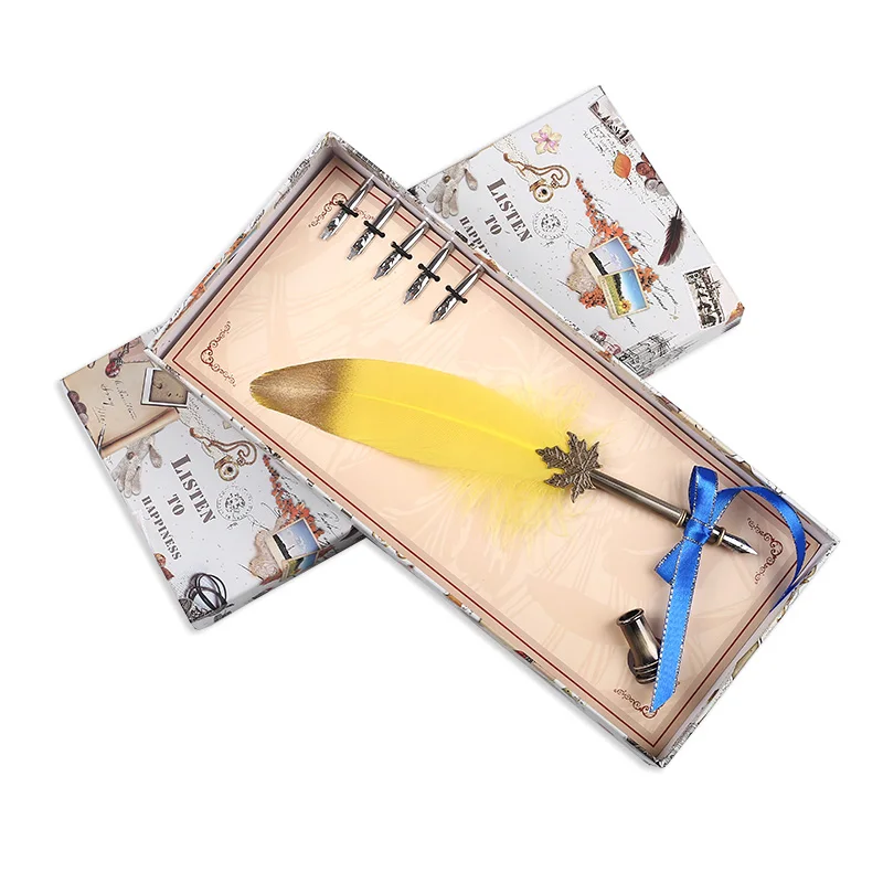 

Collectable Supplies Vintage Natural Feather Quill Pen Metal Nibs Dip Ink Writing Set Stationery Gift Box With 6 Nibs YJ-2021