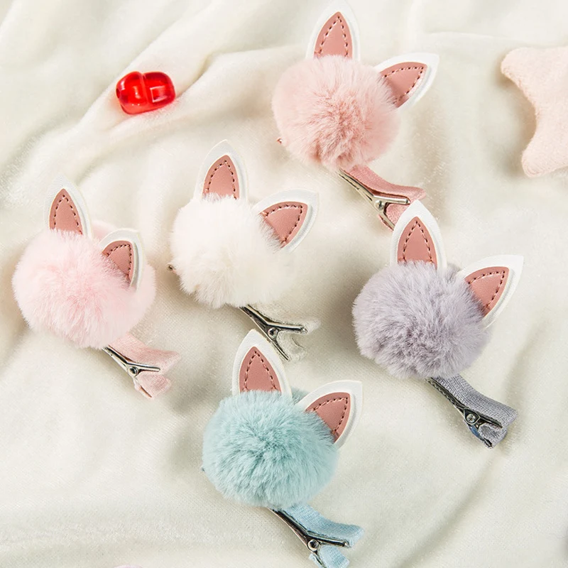 

Girls Korean Version Hair Clips Plush Kids Hair Accessories Gift Cat Ears Fur Pompom Girls Duckbill Clip Cute Fashion Hairpins