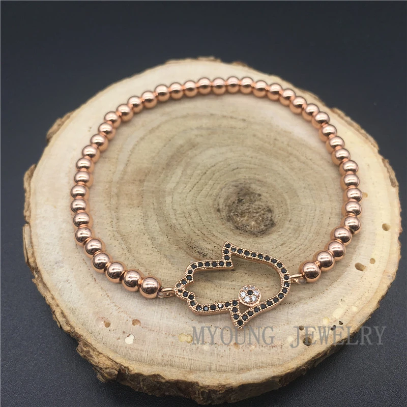 MY1205  Micro Pave CZ Zircon hollow out Hamsa Fatima Hand Connector With 4mm Advanced Plated Round Beads Bracelet (1)