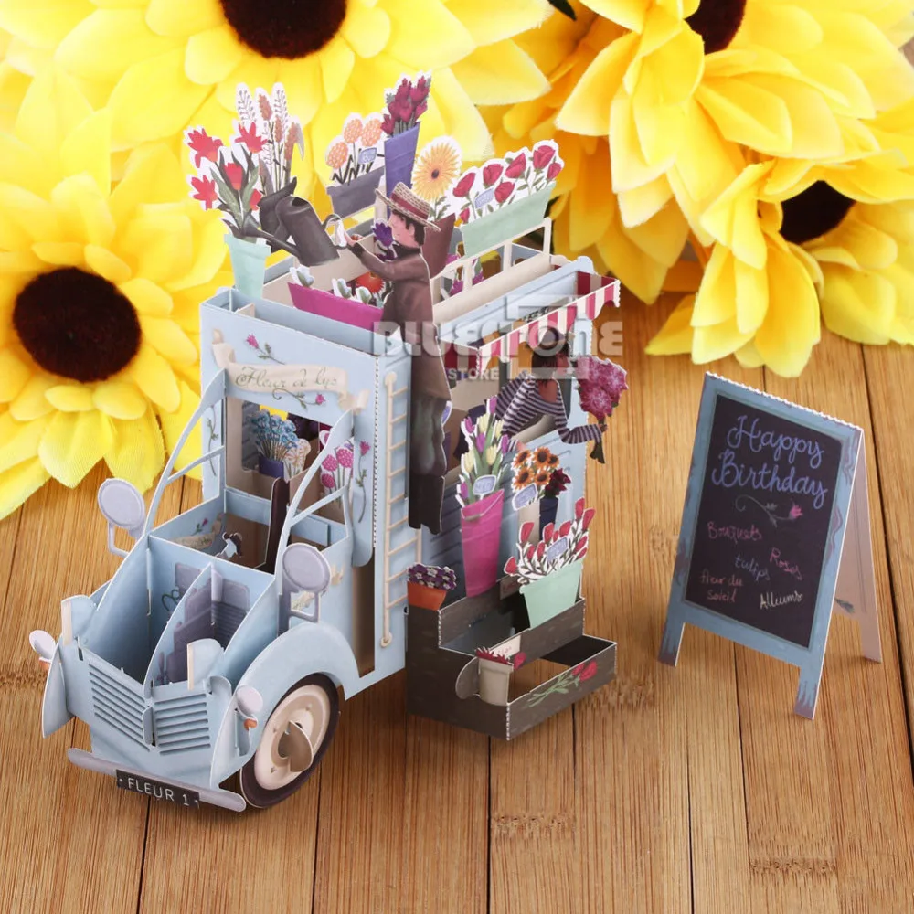  3D Pop Up Car of Flower Greeting Cards Happy Birthday Anniversary Invitations Free Shipping - 32836838064