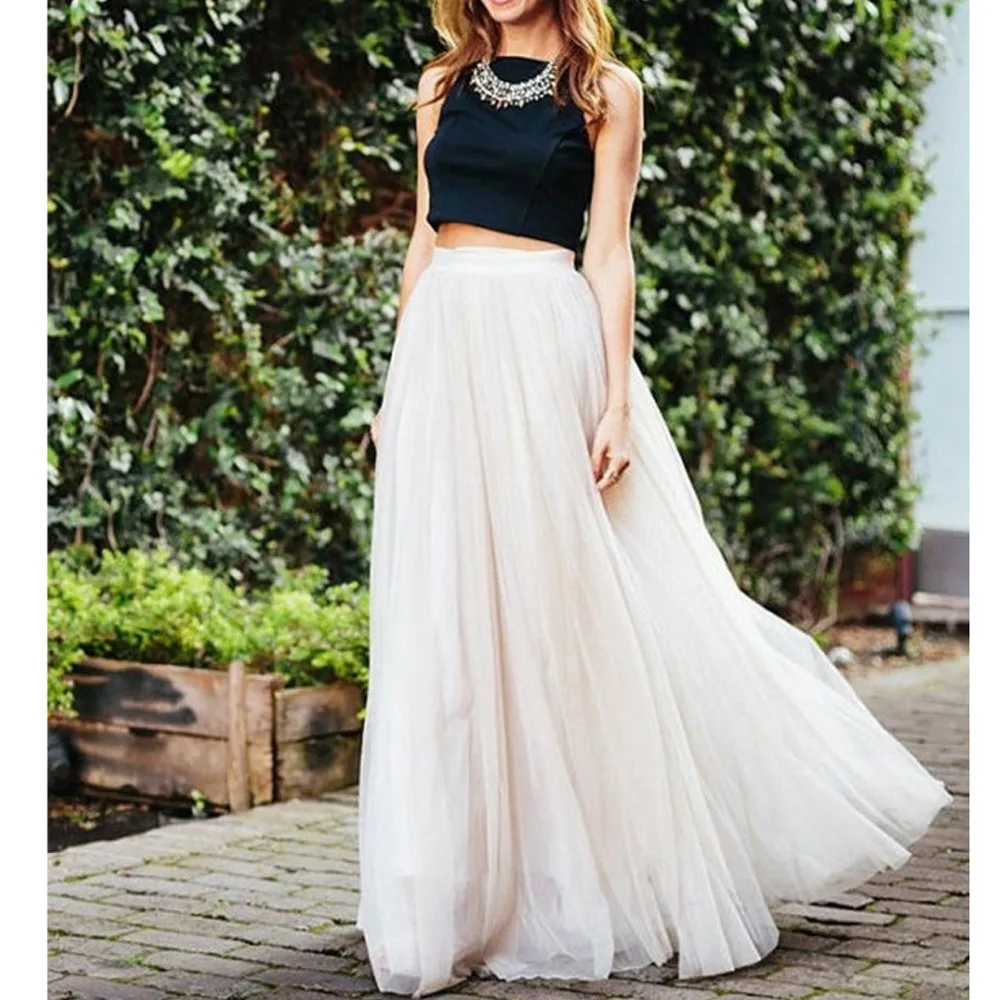 

Maxi Long White Tulle Mesh Skirts for Women Elastic High Waist Lolita Elegant Girls Juniors Prom Party Saias Jupe Clothes Faldas