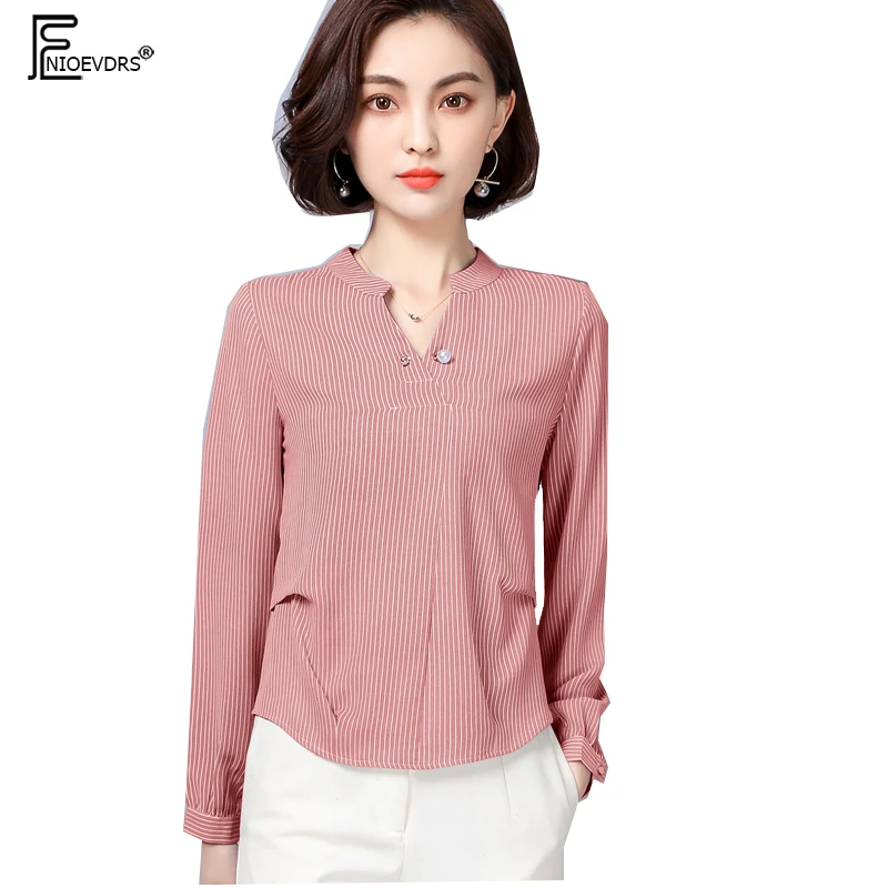 Blusas de chifón para mujer 2018, camisas básica de otoño, blusas de manga larga con en V, blusas elegantes de oficina para de dama, camisa rayas azules con carácter|Blusas