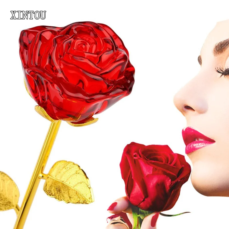 

XINTOU Four Colors Crystal Rose Home Desk Decoration Christmas Brithday Handmade Crafts Gifts 24k Gold Long Trail Flowers Decor