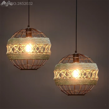 

American Village Vintage Pendant Lights Industrial Hemp Rope Iron Cage Hanging Lamps for Cafe Restaurant Bar Living Room Decor