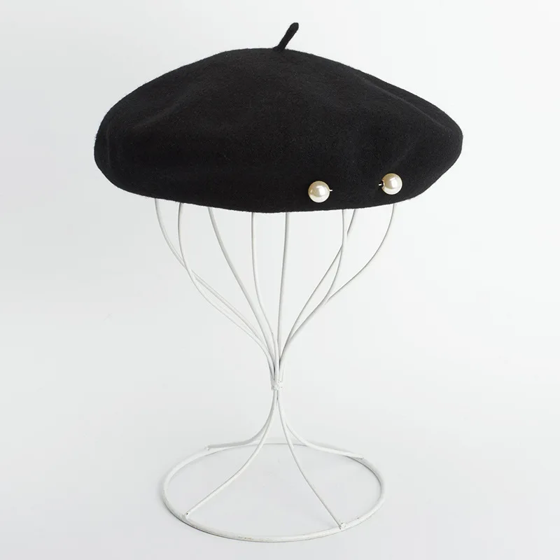 Теплый шерстяной берет, женские зимние шапки для женщин, плоская кепка, французский большой искусственный жемчуг, береты, Черная кепка для девушек, элегантная шапка для художника