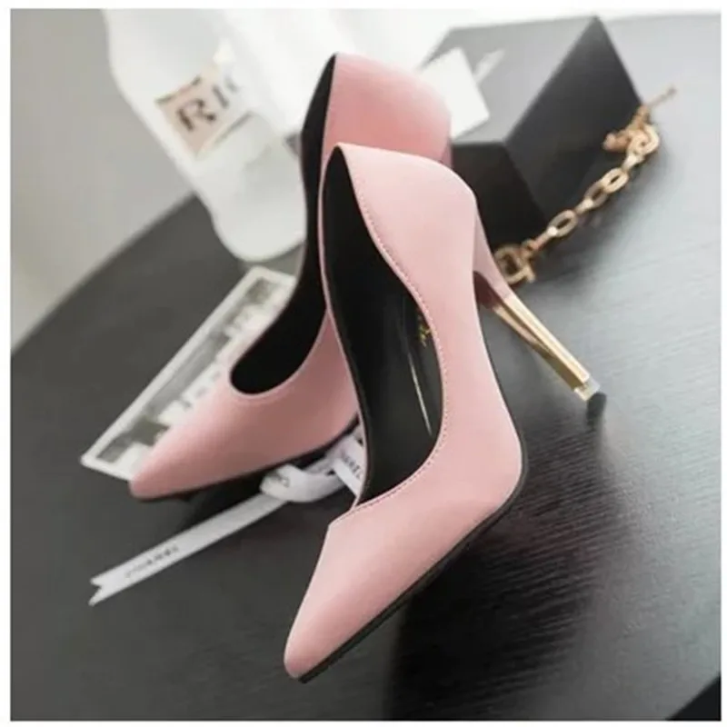 

2018 spring and autumn Korean version of super temperament OL single shoes shallow mouth pointed high heels stiletto pink high h