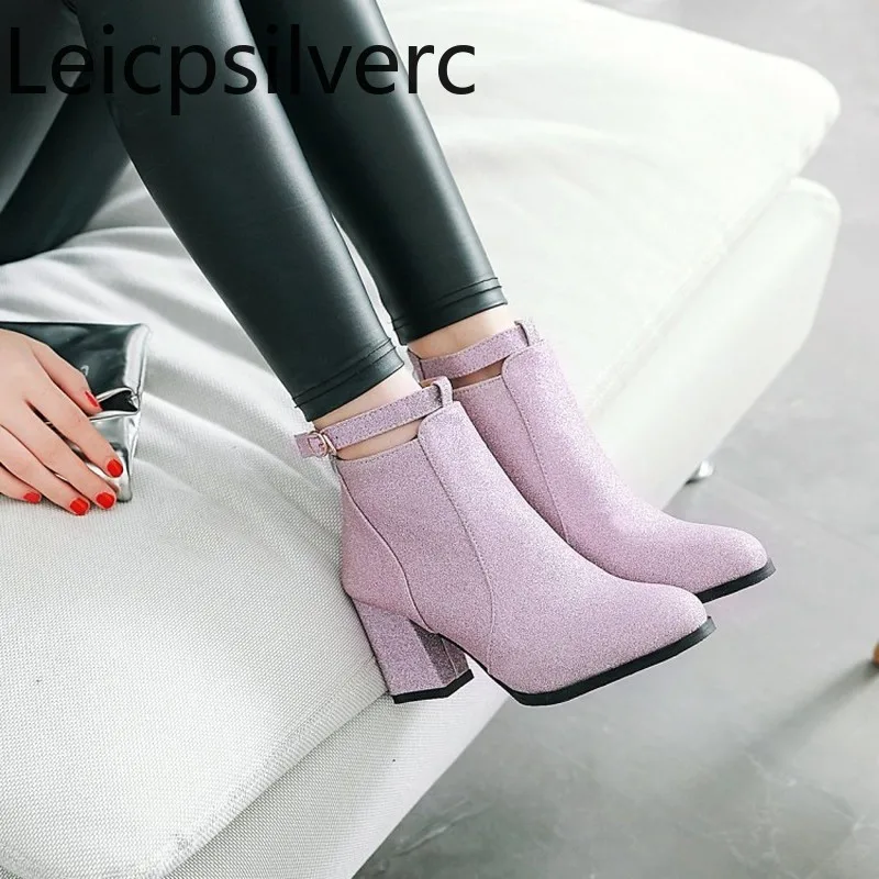 

Pumps Spring and autumn The New fashion belt buckle Sequin Round head zipper Thick heel High heel Women's shoes plus size 32-43