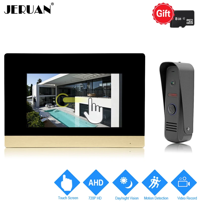 

JERUAN 720P Motion Detection 7 inch Touch Screen Color Video Doorbell Intercom System Record Monitor +HD Waterproof Mini Camera