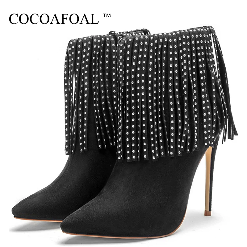 

COCOAFOAL Sexy Women's Fringe Heels Ankle Boots Woman Rhinestone Martin Boots Winter Plus Size Chelsea Boots High Heels Shoes