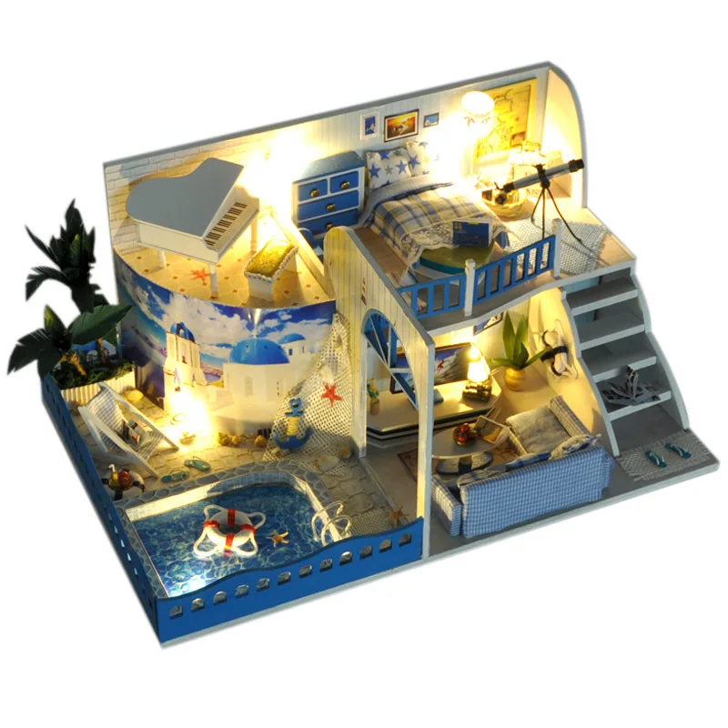 

Meet The Mediterranean Sea DIY Doll House TD14-Z With Cover Light Gift Collection Decoration Children Adult Gift Dollhouse Toy