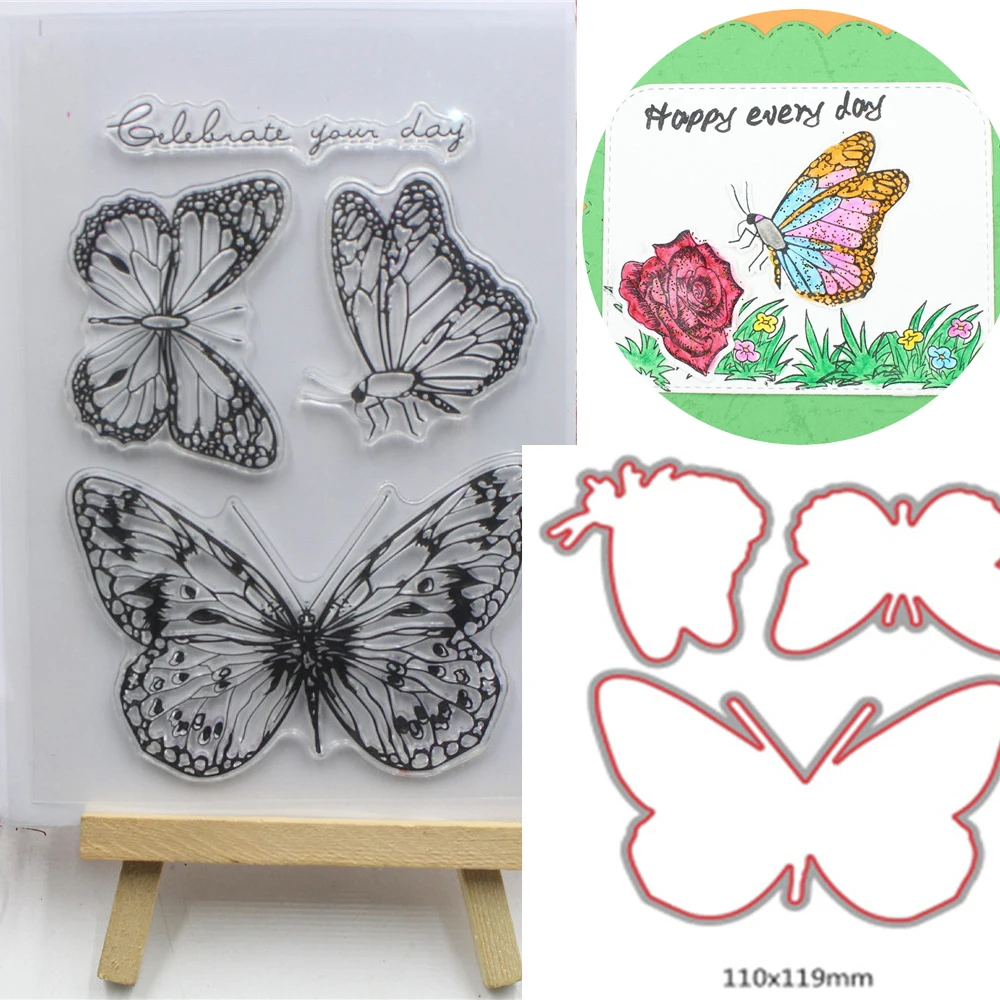 

Beautiful Butterfly Pattern Transparent Stamps + Metal Cutting Dies Stencils Scrapbooking Embossing for DIY Crafts