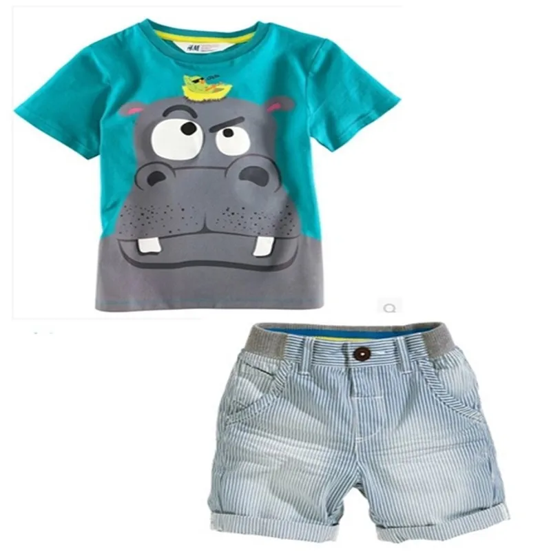 Комплект летней одежды для маленьких мальчиков, футболка с короткими рукавами и бегемотом+ шорты Повседневный костюм из 2 предметов летняя детская одежда для мальчиков